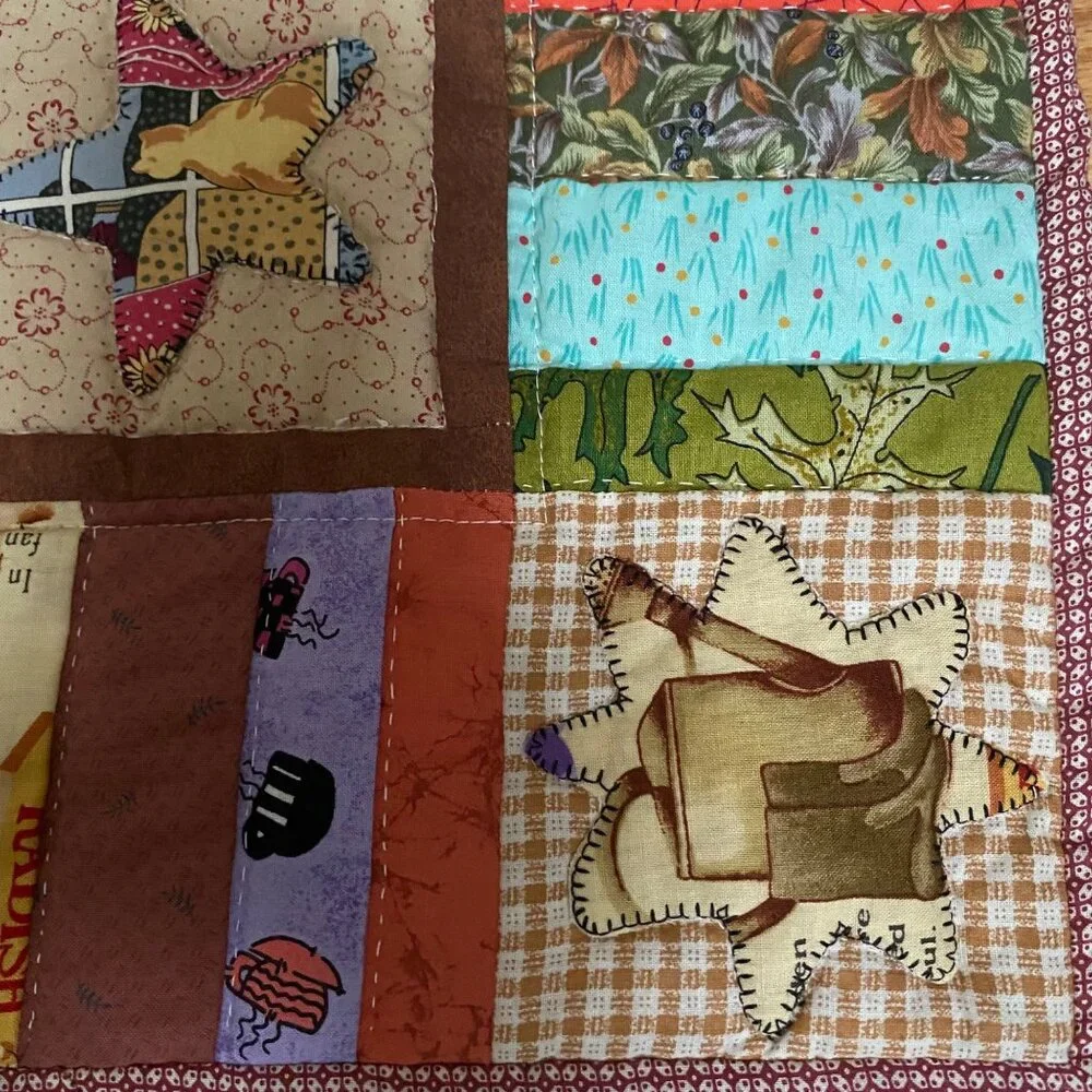 Handmade Patchwork Quilt Blanket Applique Moon Star Heart Multicolor Stripes Vtg